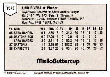 1989 ProCards Minor League Team Sets #1573 Lino Rivera Back