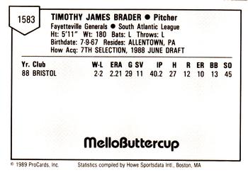 1989 ProCards Minor League Team Sets #1583 Tim Brader Back
