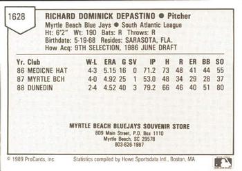 1989 ProCards Minor League Team Sets #1628 Rich Depastino Back