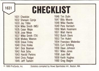 1989 ProCards Minor League Team Sets #1631 Checklist Back