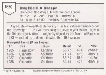 1989 ProCards Minor League Team Sets #1660 Greg Biagini Back
