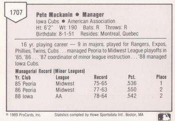 1989 ProCards Minor League Team Sets #1707 Pete MacKanin Back