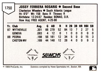 1989 ProCards Minor League Team Sets #1750 Jossy Rosario Back