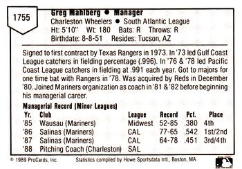 1989 ProCards Minor League Team Sets #1755 Greg Mahlberg Back