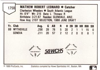 1989 ProCards Minor League Team Sets #1758 Mathew Leonard Back