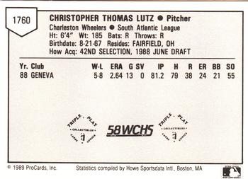 1989 ProCards Minor League Team Sets #1760 Christopher Lutz Back