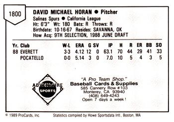 1989 ProCards Minor League Team Sets #1800 Dave Horan Back