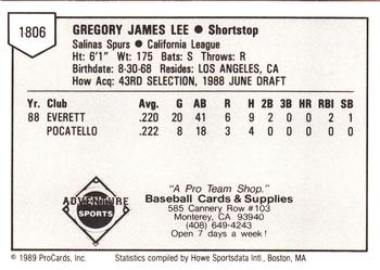 1989 ProCards Minor League Team Sets #1806 Greg Lee Back