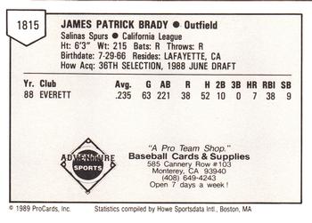 1989 ProCards Minor League Team Sets #1815 Pat Brady Back