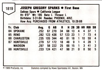 1989 ProCards Minor League Team Sets #1819 Greg Sparks Back