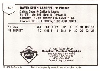 1989 ProCards Minor League Team Sets #1826 Dave Cantrell Back