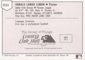 1989 ProCards Minor League Team Sets #2033 Don Lemon Back
