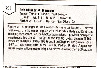 1989 ProCards Minor League Team Sets #203 Bob Skinner Back