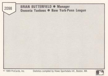 1989 ProCards Minor League Team Sets #2098 Brian Butterfield Back