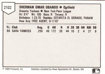1989 ProCards Minor League Team Sets #2102 Sherman Obando Back