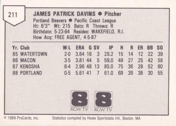 1989 ProCards Minor League Team Sets #211 Jim Davins Back