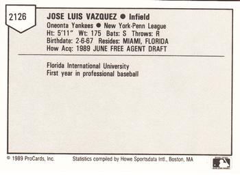 1989 ProCards Minor League Team Sets #2126 Jose Vazquez Back