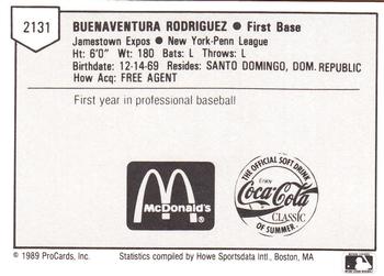 1989 ProCards Minor League Team Sets #2131 Buena Rodriguez Back