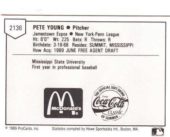 1989 ProCards Minor League Team Sets #2136 Pete Young Back