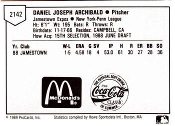 1989 ProCards Minor League Team Sets #2142 Dan Archibald Back
