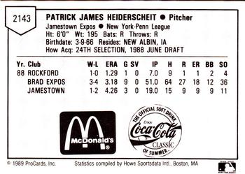1989 ProCards Minor League Team Sets #2143 Pat Heiderscheit Back