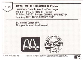 1989 ProCards Minor League Team Sets #2144 David Sommer Back
