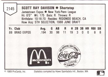 1989 ProCards Minor League Team Sets #2145 Scott Davison Back