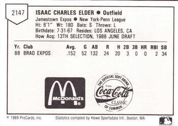 1989 ProCards Minor League Team Sets #2147 Isaac Elder Back