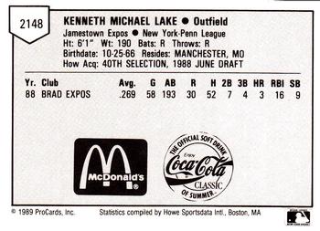 1989 ProCards Minor League Team Sets #2148 Ken Lake Back