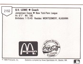 1989 ProCards Minor League Team Sets #2152 Q.V. Lowe Back