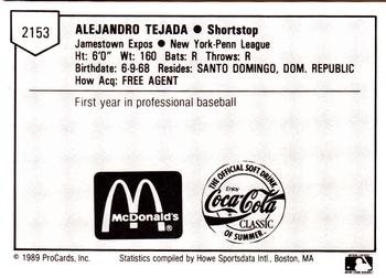 1989 ProCards Minor League Team Sets #2153 Alejandro Tejada Back