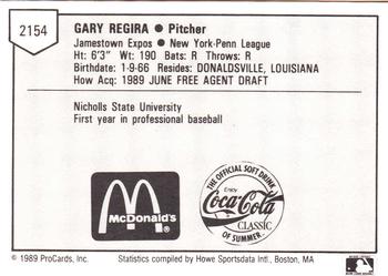 1989 ProCards Minor League Team Sets #2154 Gary Regira Back