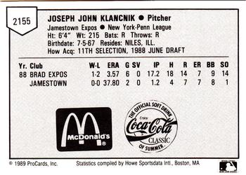 1989 ProCards Minor League Team Sets #2155 Joe Klancnik Back