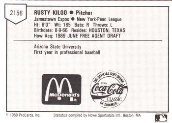 1989 ProCards Minor League Team Sets #2156 Rusty Kilgo Back