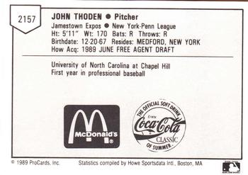 1989 ProCards Minor League Team Sets #2157 John Thoden Back