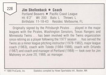 1989 ProCards Minor League Team Sets #226 Jim Shellenback Back