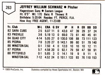 1989 ProCards Minor League Team Sets #263 Jeff Schwarz Back