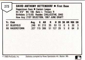 1989 ProCards Minor League Team Sets #273 Dave Bettendorf Back