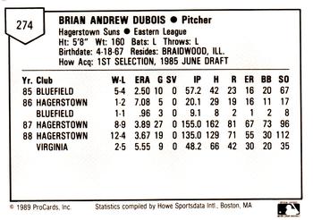 1989 ProCards Minor League Team Sets #274 Brian DuBois Back