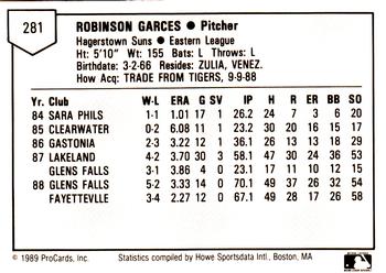1989 ProCards Minor League Team Sets #281 Robinson Garces Back