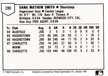 1989 ProCards Minor League Team Sets #286 Dana Smith Back