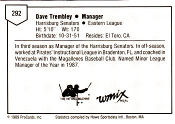 1989 ProCards Minor League Team Sets #292 Dave Trembley Back