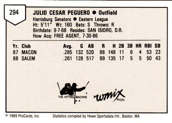 1989 ProCards Minor League Team Sets #294 Julio Peguero Back