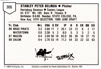 1989 ProCards Minor League Team Sets #305 Stan Belinda Back