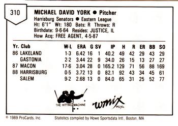 1989 ProCards Minor League Team Sets #310 Mike York Back