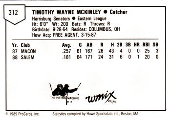 1989 ProCards Minor League Team Sets #312 Tim McKinley Back