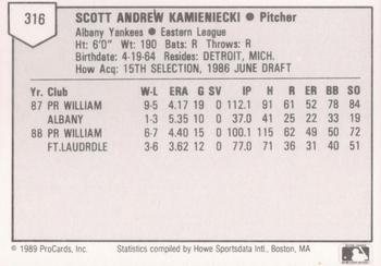 1989 ProCards Minor League Team Sets #316 Scott Kamieniecki Back