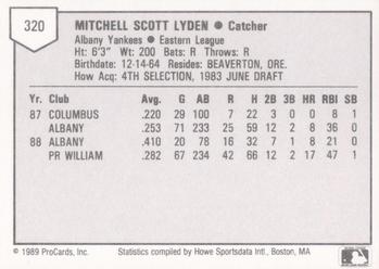 1989 ProCards Minor League Team Sets #320 Mitch Lyden Back