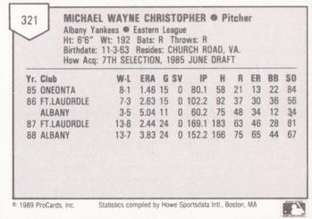 1989 ProCards Minor League Team Sets #321 Mike Christopher Back