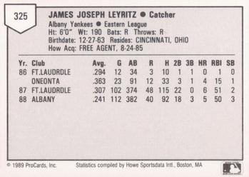1989 ProCards Minor League Team Sets #325 Jim Leyritz Back